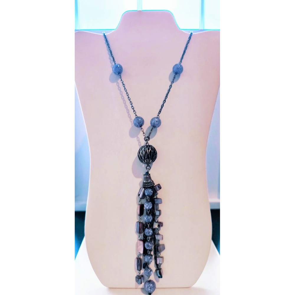 Chicos Purple Crackle Glass Bead Shell Tassel Statement Necklace‎ Silver Tone
